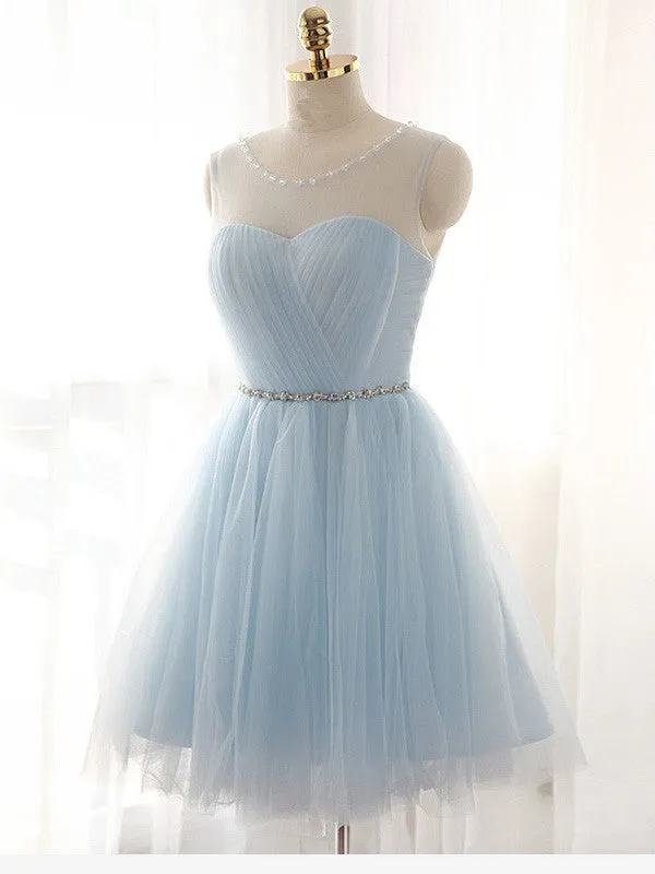 A-Line Tulle Scoop Sleeveless Short/Mini With Beading Dresses