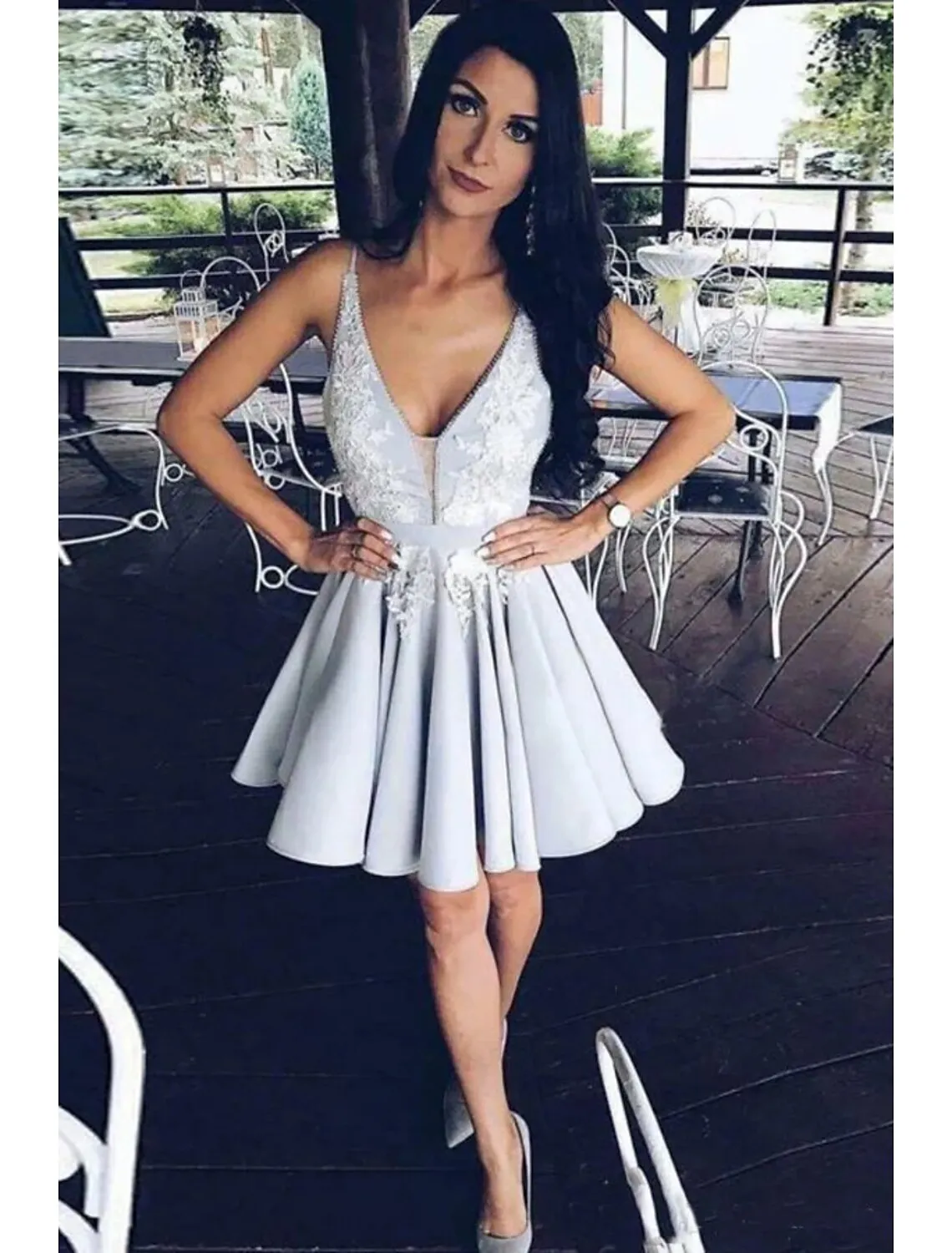 Aimishang  A-Line Cocktail Dresses Party Dress Graduation Short / Mini Sleeveless V Neck Satin Backless with Beading Appliques