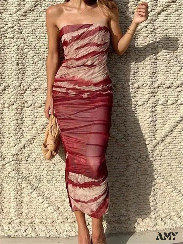 Amy Fashion - Irregular Tie Dyeing Print  Tube for Women Summer Beach Party Clubwear Strapless Off Shoulder Ruched Dress