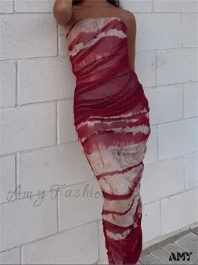 Amy Fashion - Irregular Tie Dyeing Print  Tube for Women Summer Beach Party Clubwear Strapless Off Shoulder Ruched Dress