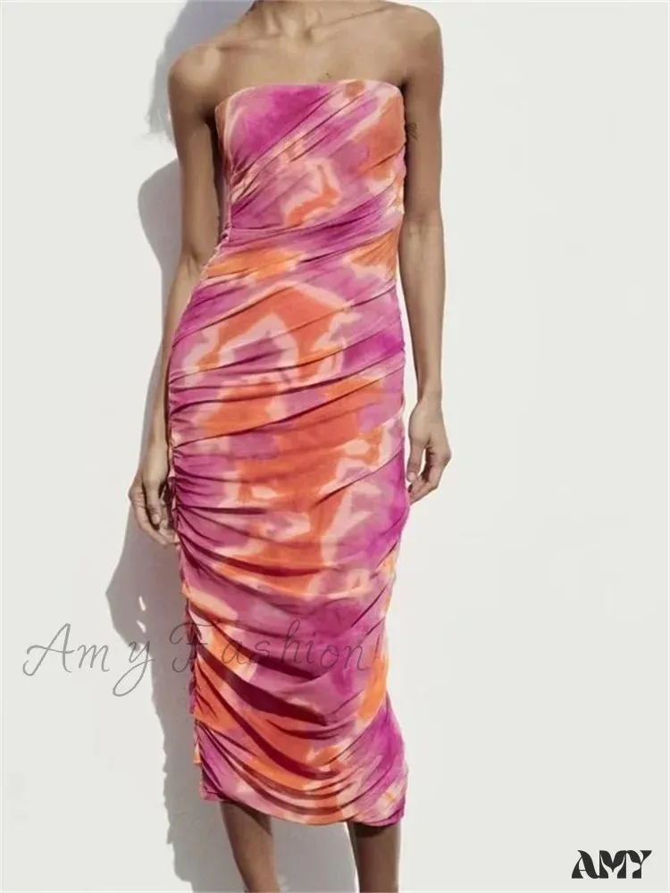 Amy Fashion - Irregular Tie Dyeing Print  Tube for Women Summer Beach Party Clubwear Strapless Off Shoulder Ruched Dress