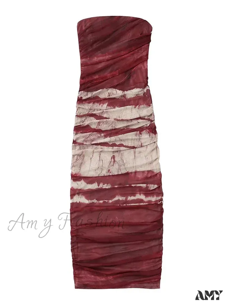 Amy Fashion - Irregular Tie Dyeing Print  Tube for Women Summer Beach Party Clubwear Strapless Off Shoulder Ruched Dress