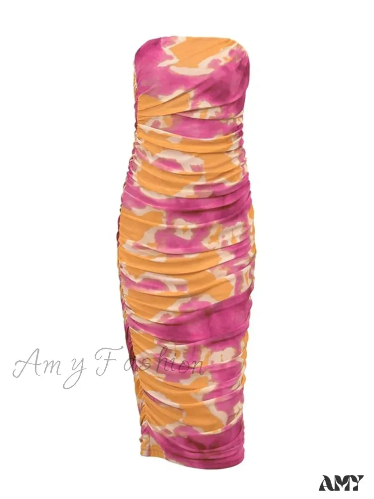 Amy Fashion - Irregular Tie Dyeing Print  Tube for Women Summer Beach Party Clubwear Strapless Off Shoulder Ruched Dress