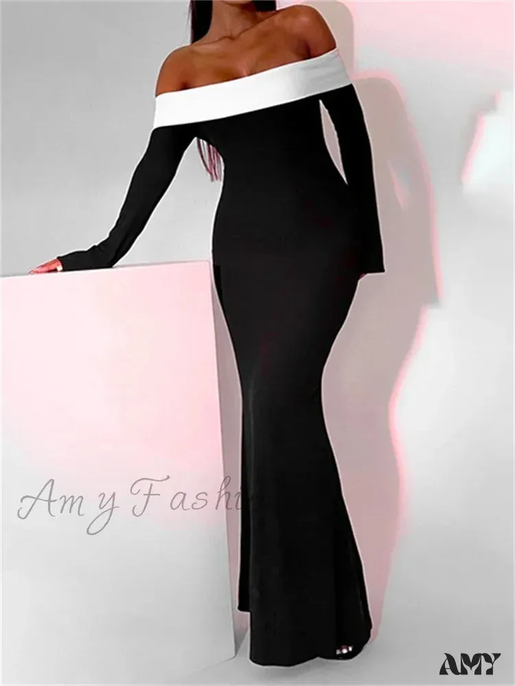 Amy Fashion - Sexy Women Slash Neck Off Shoulder   Sleeve Contrast Color Slim Fit Party Formal Female Vestidos