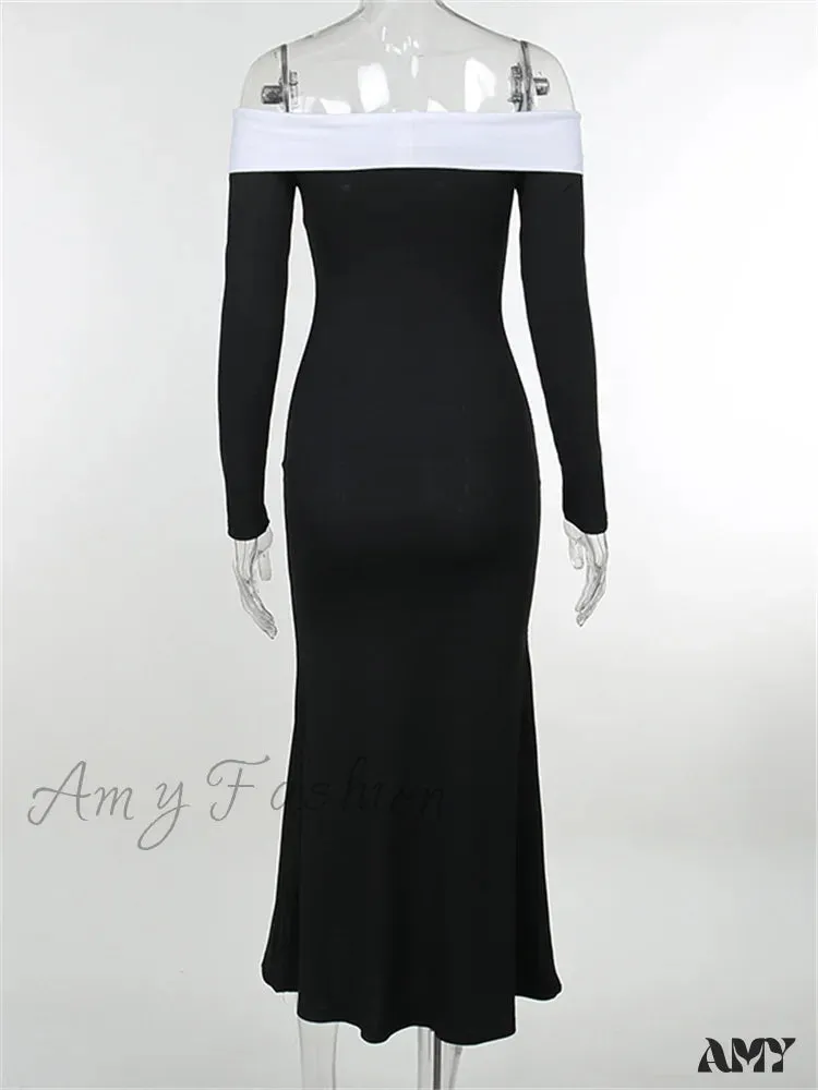 Amy Fashion - Sexy Women Slash Neck Off Shoulder   Sleeve Contrast Color Slim Fit Party Formal Female Vestidos