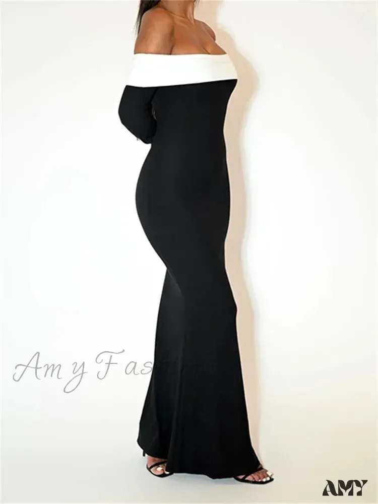 Amy Fashion - Sexy Women Slash Neck Off Shoulder   Sleeve Contrast Color Slim Fit Party Formal Female Vestidos