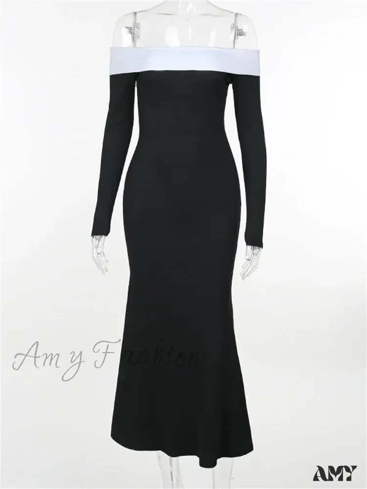 Amy Fashion - Sexy Women Slash Neck Off Shoulder   Sleeve Contrast Color Slim Fit Party Formal Female Vestidos