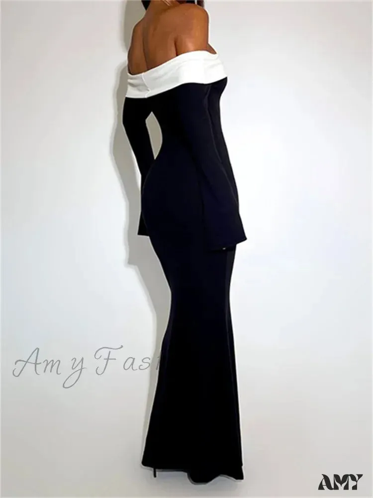 Amy Fashion - Sexy Women Slash Neck Off Shoulder   Sleeve Contrast Color Slim Fit Party Formal Female Vestidos