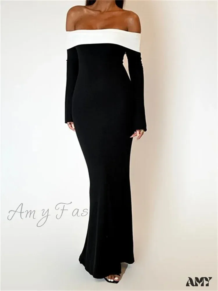Amy Fashion - Sexy Women Slash Neck Off Shoulder   Sleeve Contrast Color Slim Fit Party Formal Female Vestidos