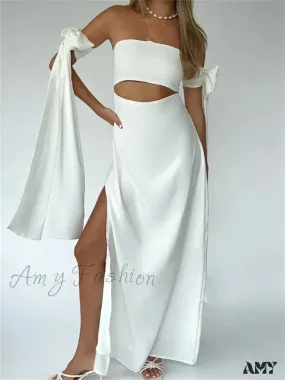 Amy Fashion - Strapless Off Shoulder Sexy Women Split  Elegant Cut Out Slim Fit Solid Summer Female Vestidos