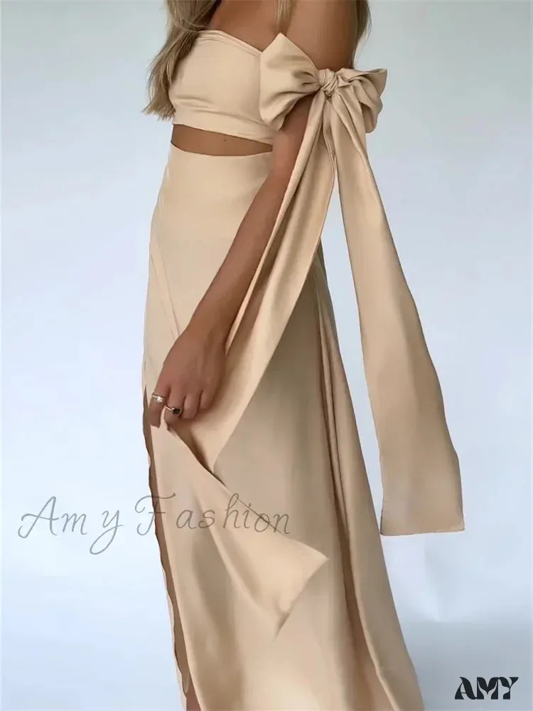 Amy Fashion - Strapless Off Shoulder Sexy Women Split  Elegant Cut Out Slim Fit Solid Summer Female Vestidos