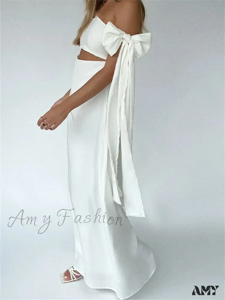 Amy Fashion - Strapless Off Shoulder Sexy Women Split  Elegant Cut Out Slim Fit Solid Summer Female Vestidos