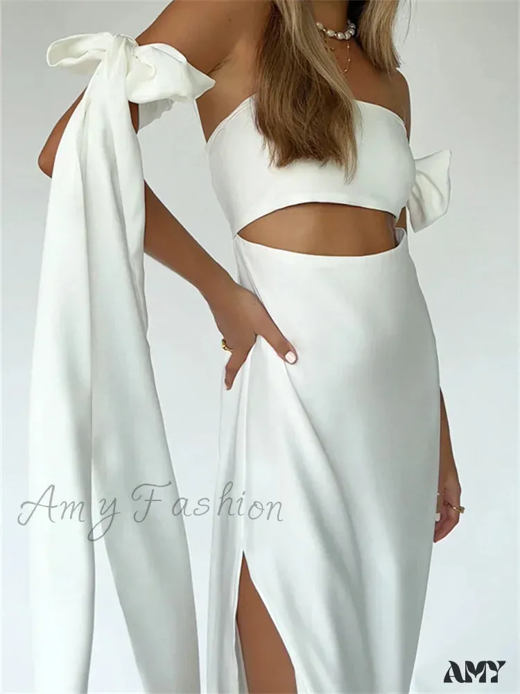 Amy Fashion - Strapless Off Shoulder Sexy Women Split  Elegant Cut Out Slim Fit Solid Summer Female Vestidos