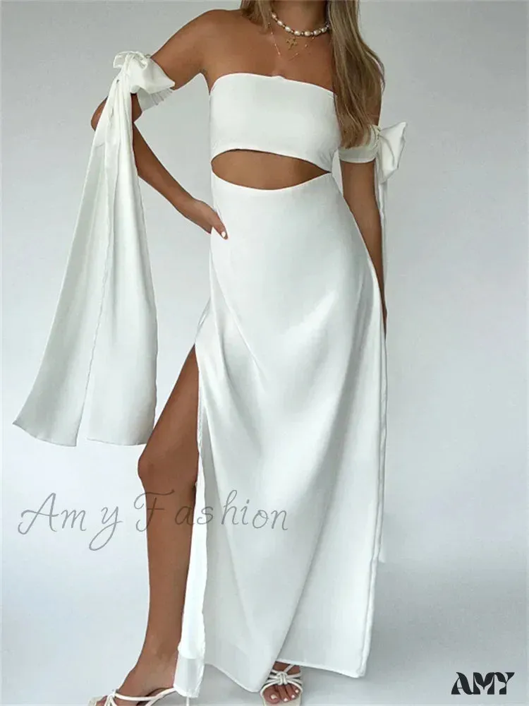 Amy Fashion - Strapless Off Shoulder Sexy Women Split  Elegant Cut Out Slim Fit Solid Summer Female Vestidos
