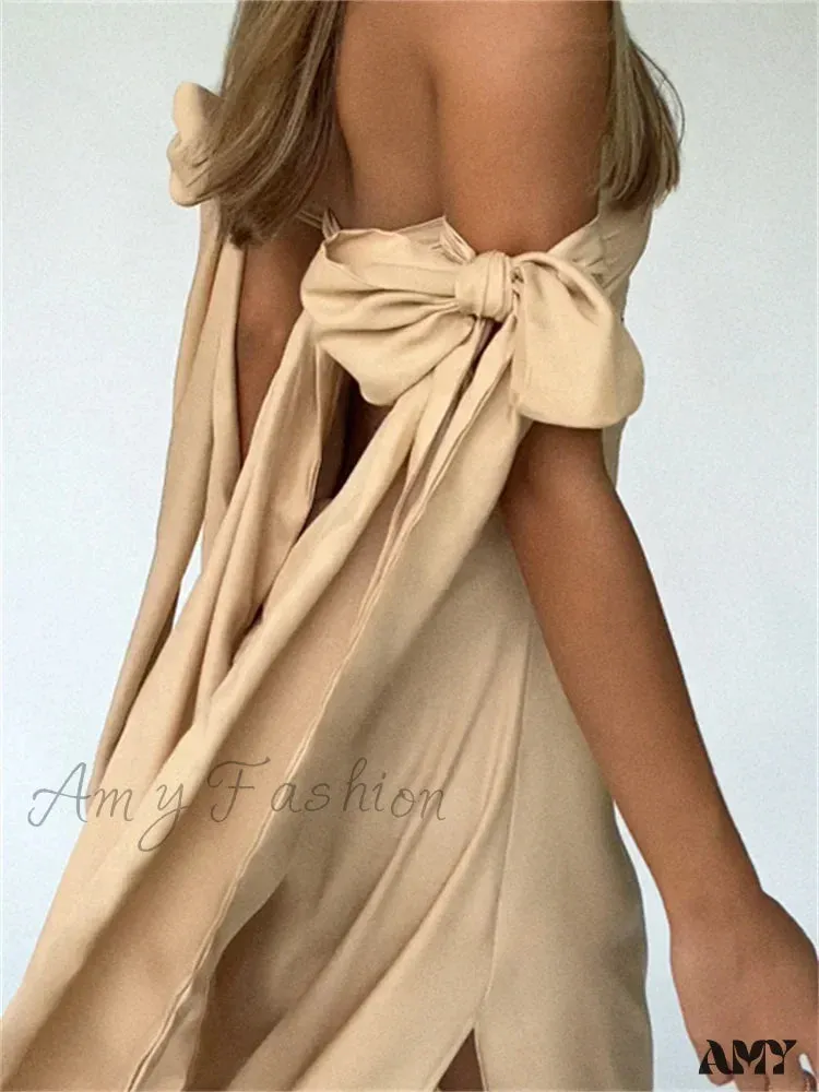 Amy Fashion - Strapless Off Shoulder Sexy Women Split  Elegant Cut Out Slim Fit Solid Summer Female Vestidos