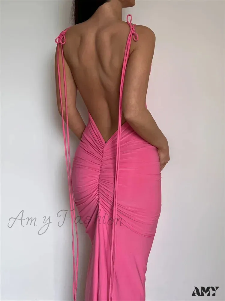 Amy Fashion - Women Sexy  Slim Backless Tie Up Solid Halter Sleeveless Strap Summer Clubwear Beach Ruched Vestidos