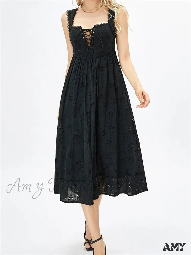 Amy Fashion - Women Summer Lace Floral  Backless Tie-up Sleeveless Spaghetti Strap Hollow Out Party Female Vestidos