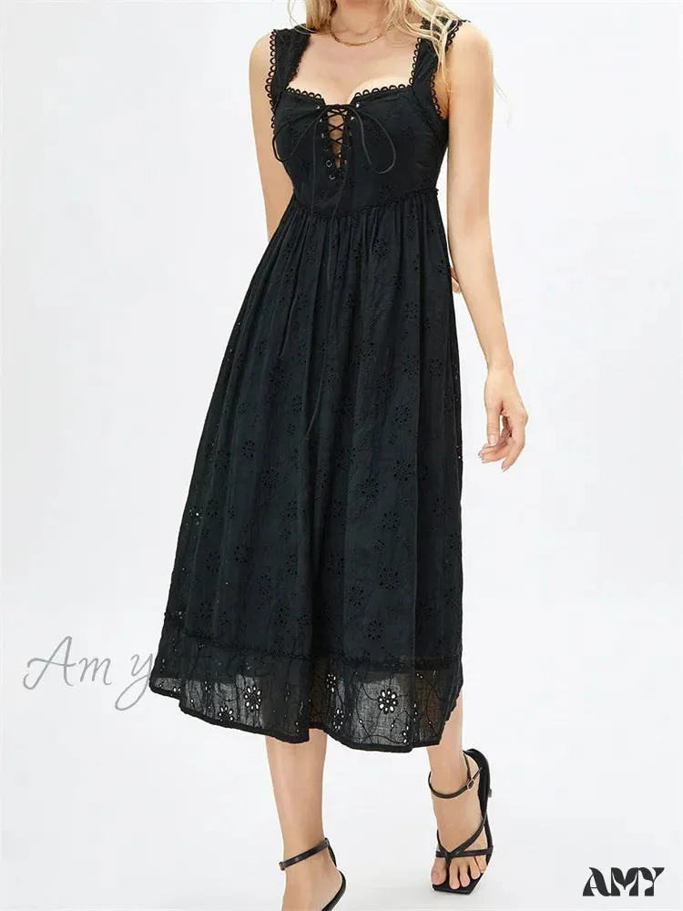 Amy Fashion - Women Summer Lace Floral  Backless Tie-up Sleeveless Spaghetti Strap Hollow Out Party Female Vestidos