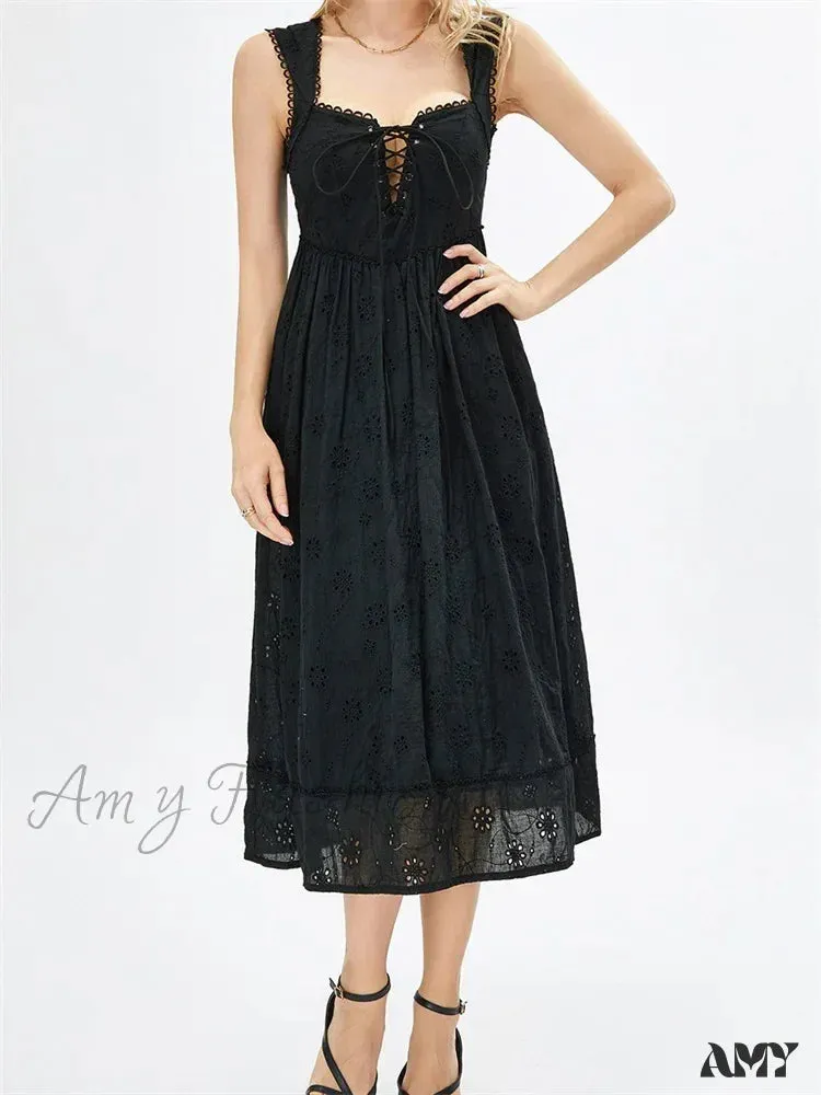 Amy Fashion - Women Summer Lace Floral  Backless Tie-up Sleeveless Spaghetti Strap Hollow Out Party Female Vestidos