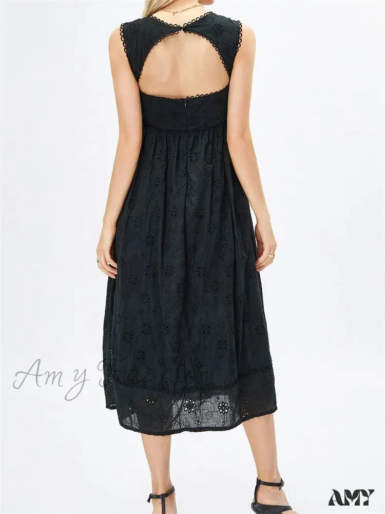 Amy Fashion - Women Summer Lace Floral  Backless Tie-up Sleeveless Spaghetti Strap Hollow Out Party Female Vestidos