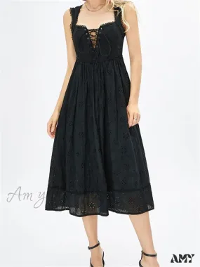Amy Fashion - Women Summer Lace Floral  Backless Tie-up Sleeveless Spaghetti Strap Hollow Out Party Female Vestidos
