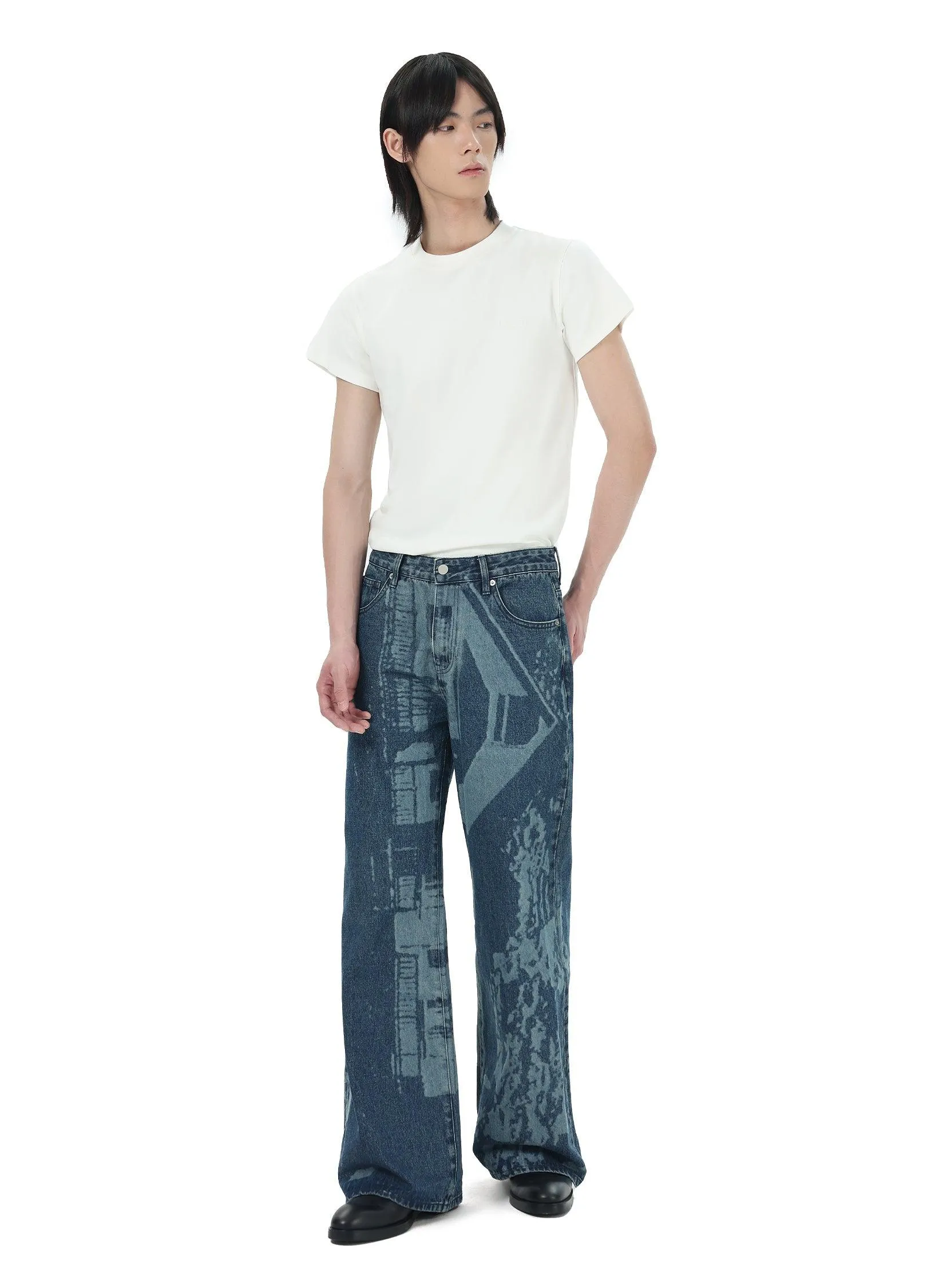 Architectural Print Flared Denim Jeans