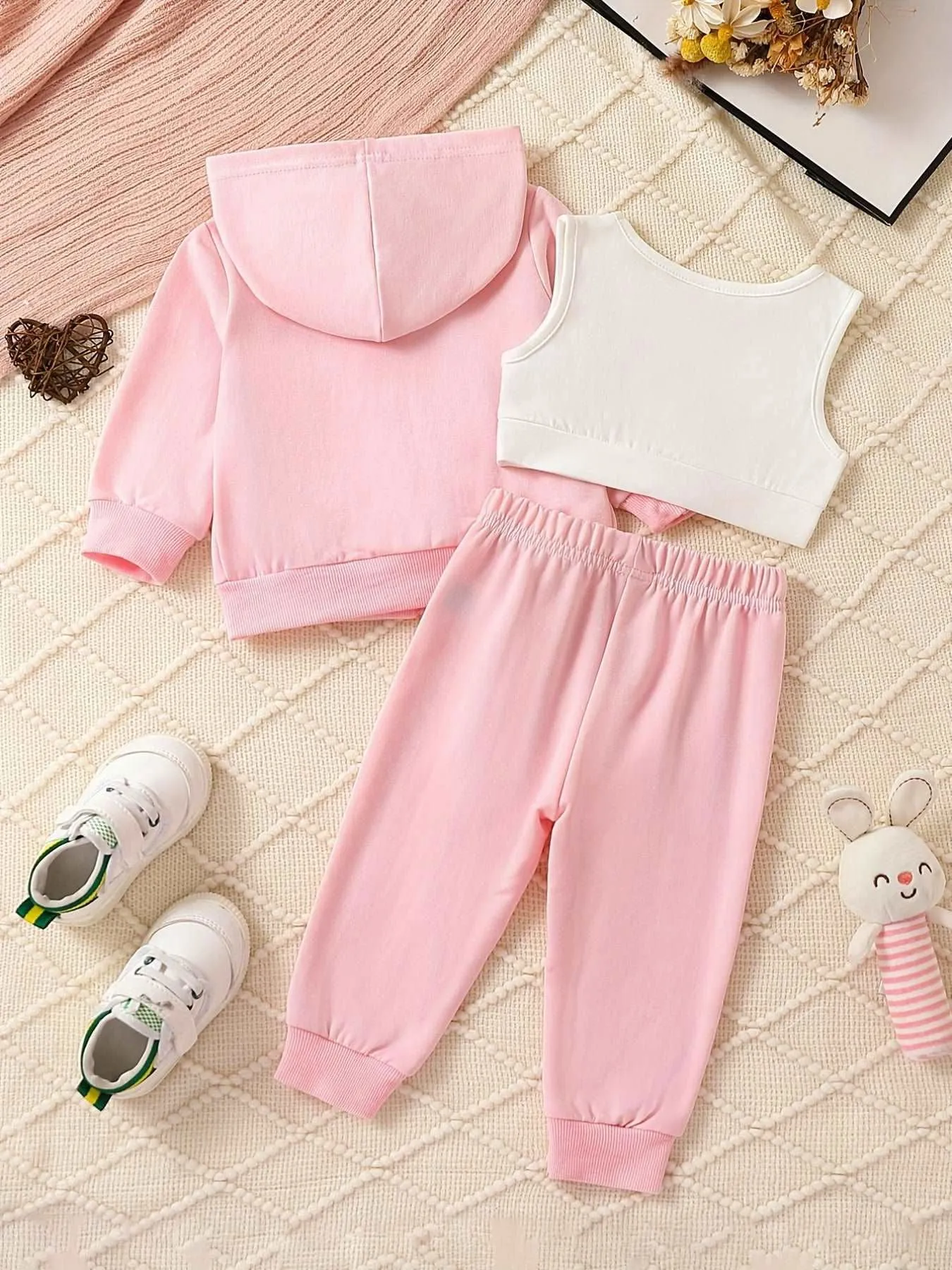 Baby Girls 3pcs Hooded Zipper Jacket, Tank Top and Pants Tracksuit
