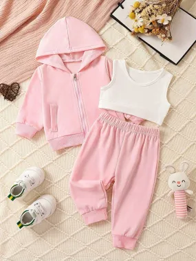 Baby Girls 3pcs Hooded Zipper Jacket, Tank Top and Pants Tracksuit