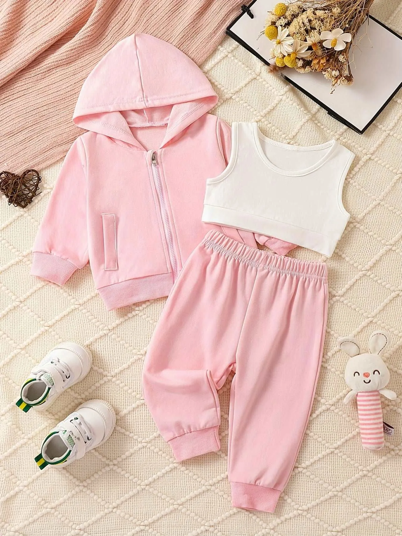 Baby Girls 3pcs Hooded Zipper Jacket, Tank Top and Pants Tracksuit