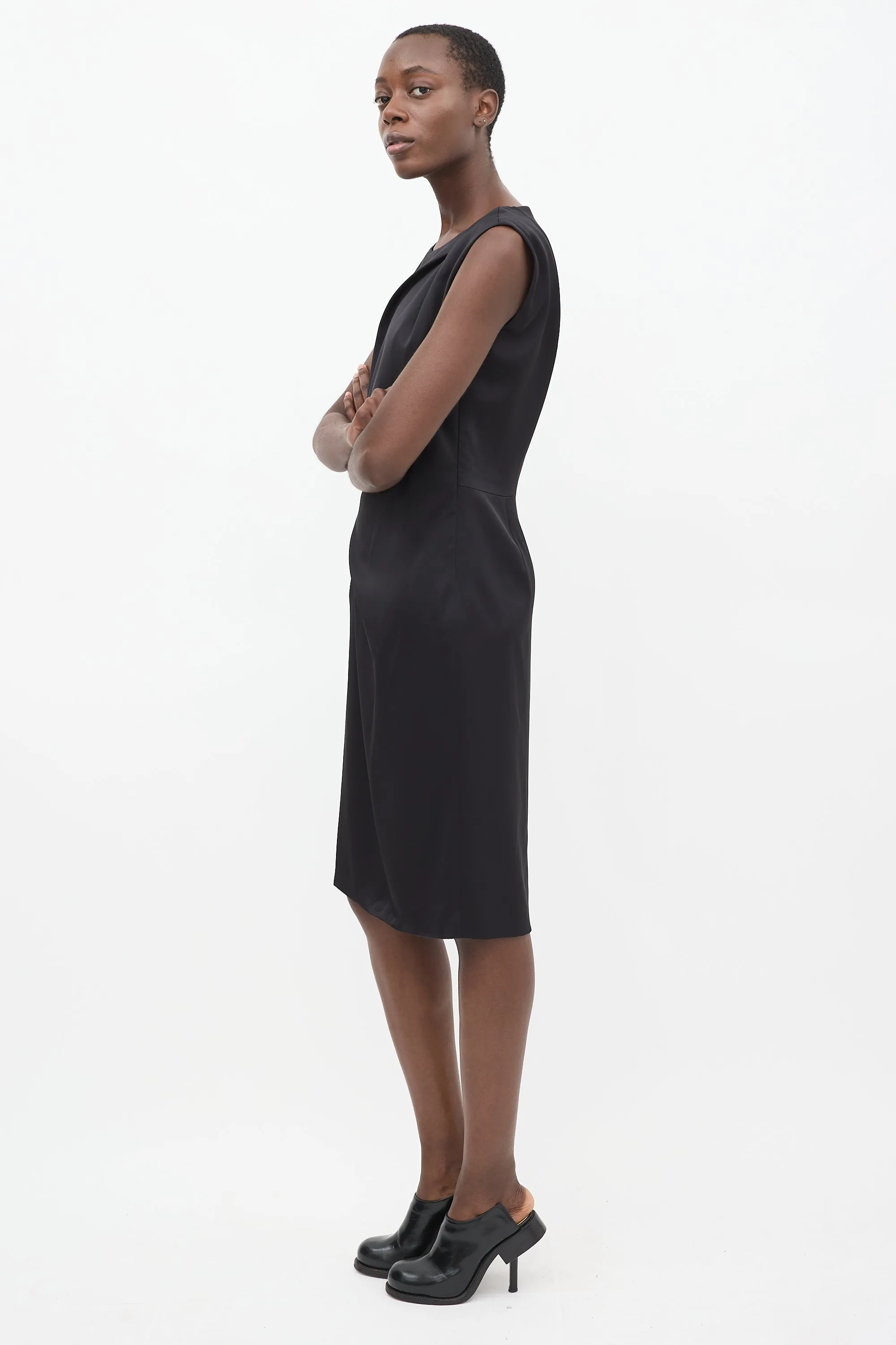 Black Satin Gathered Shift Dress