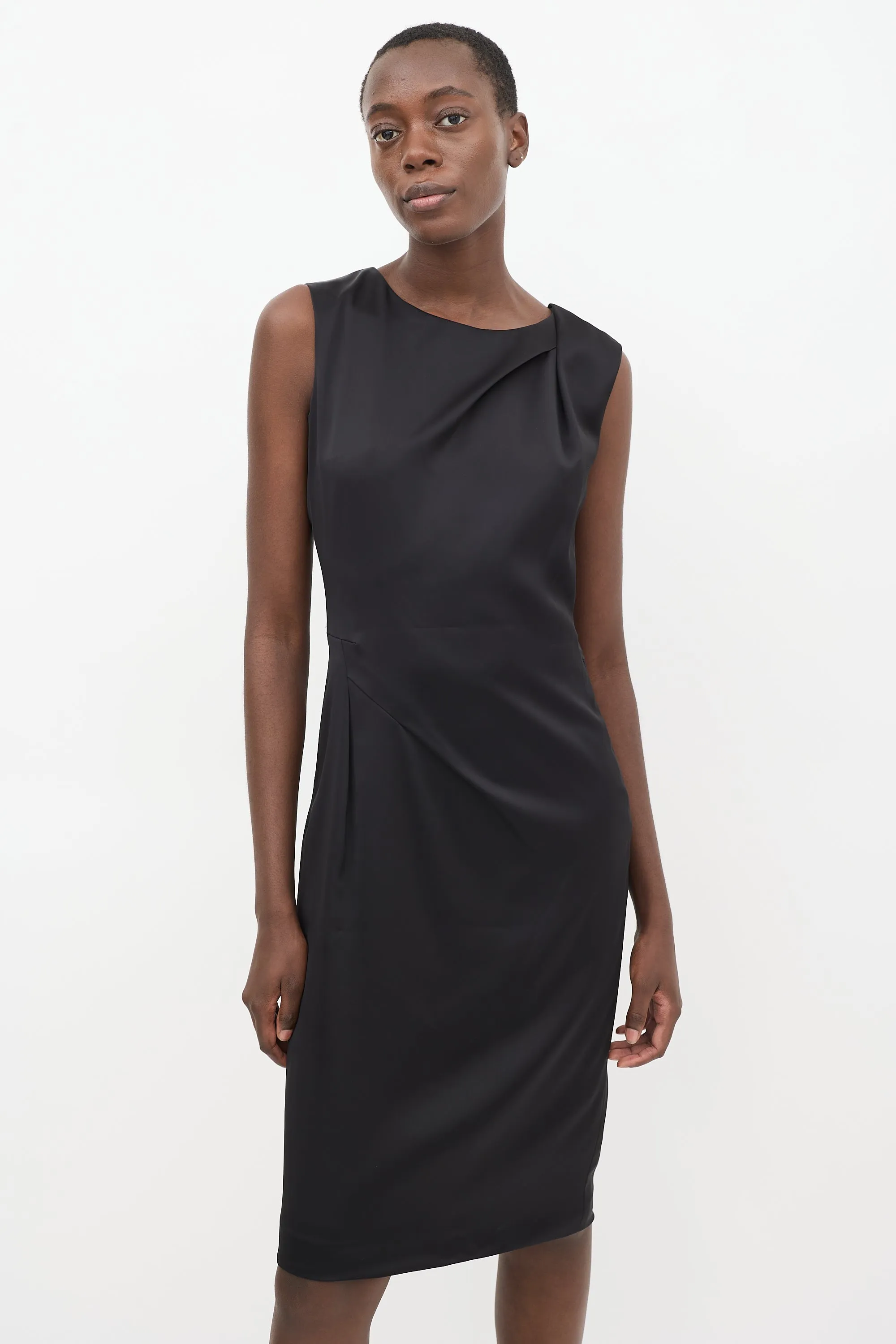Black Satin Gathered Shift Dress