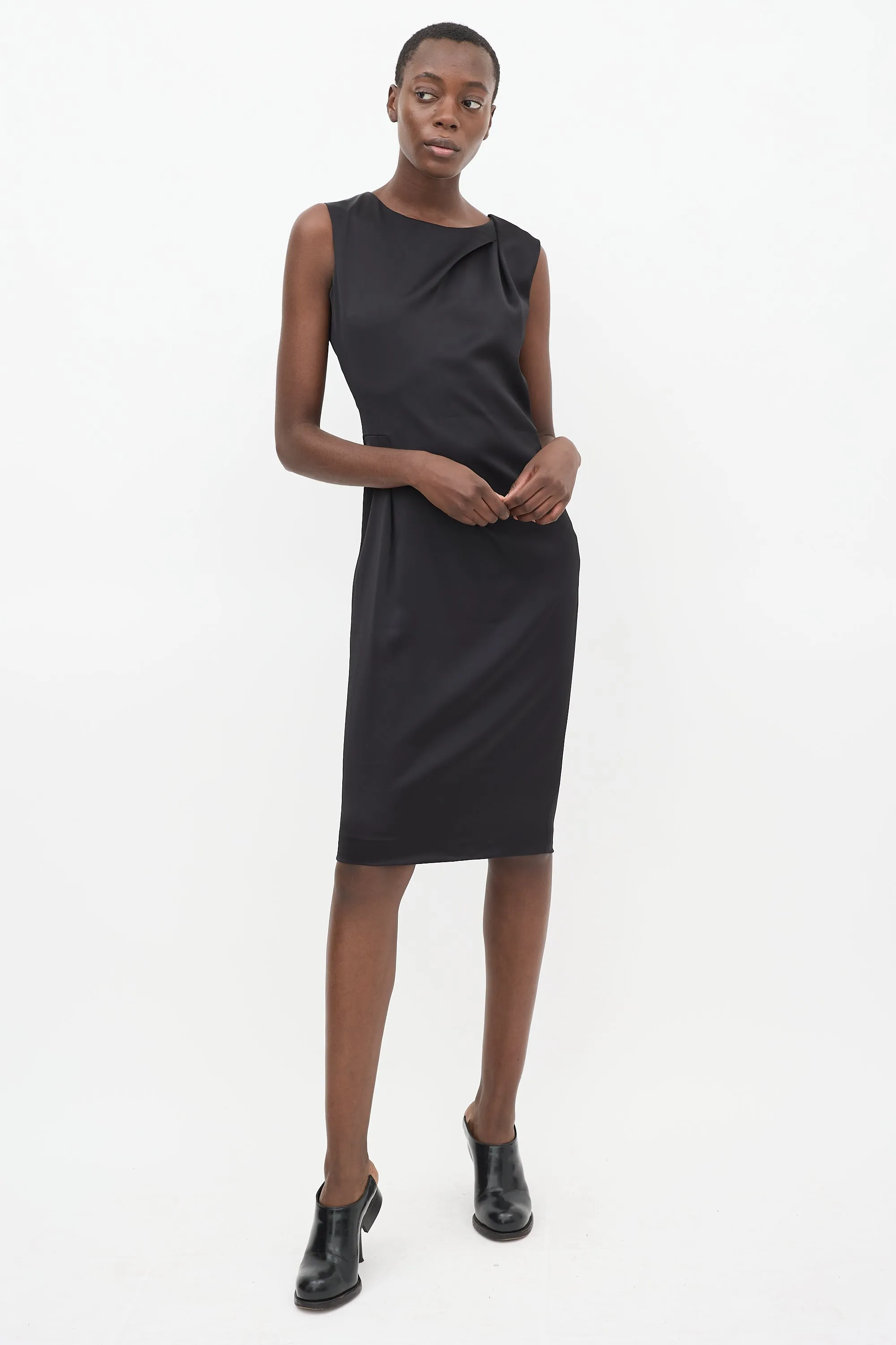 Black Satin Gathered Shift Dress