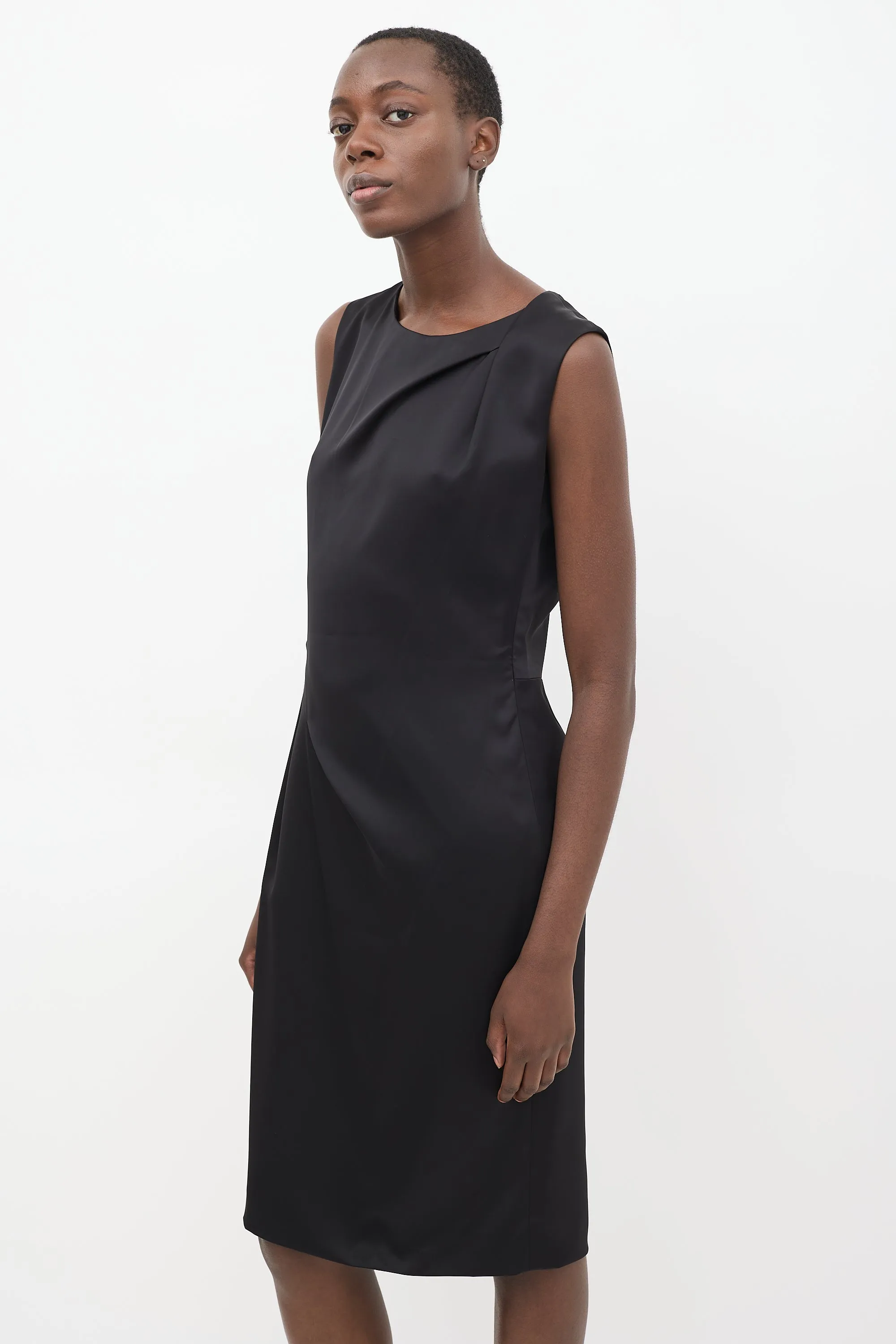 Black Satin Gathered Shift Dress