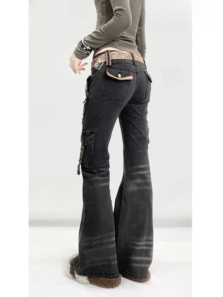 Black Wasteland Punk Distressed Flared Jeans with Cargo Pockets
