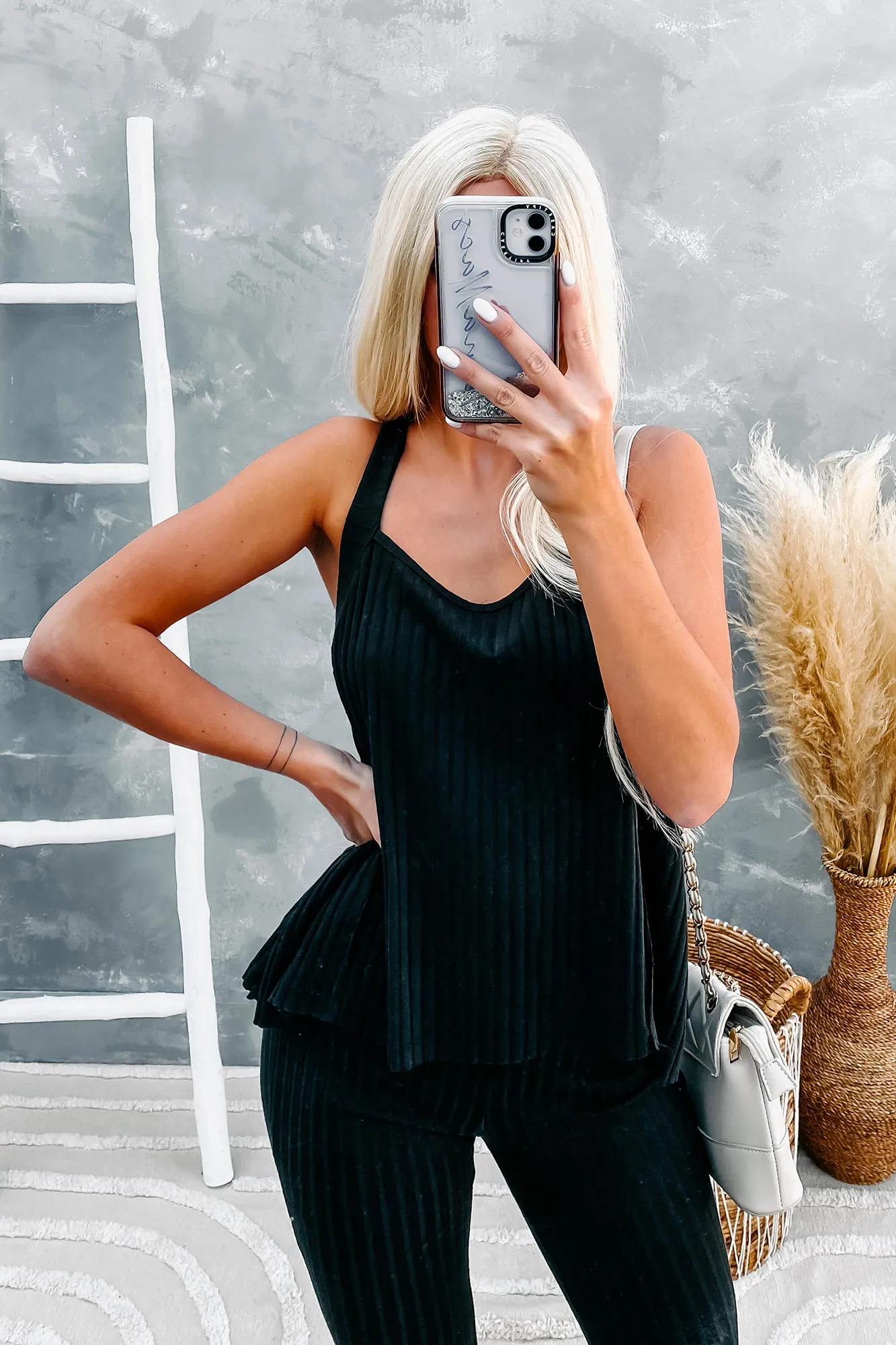Chill Weekend Ribbed Tank Top & Leggings Set (Black)