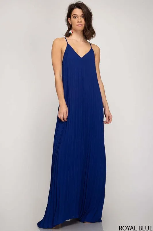 Dark Blue Pleated Woven Maxi Dress