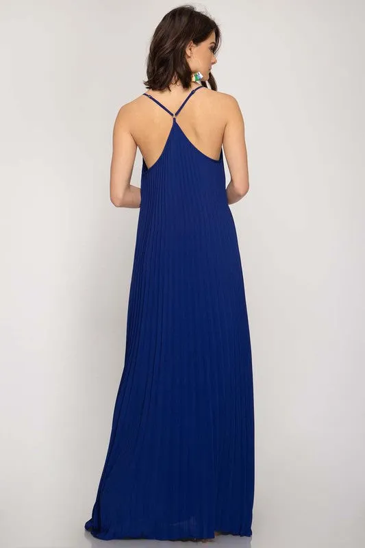 Dark Blue Pleated Woven Maxi Dress