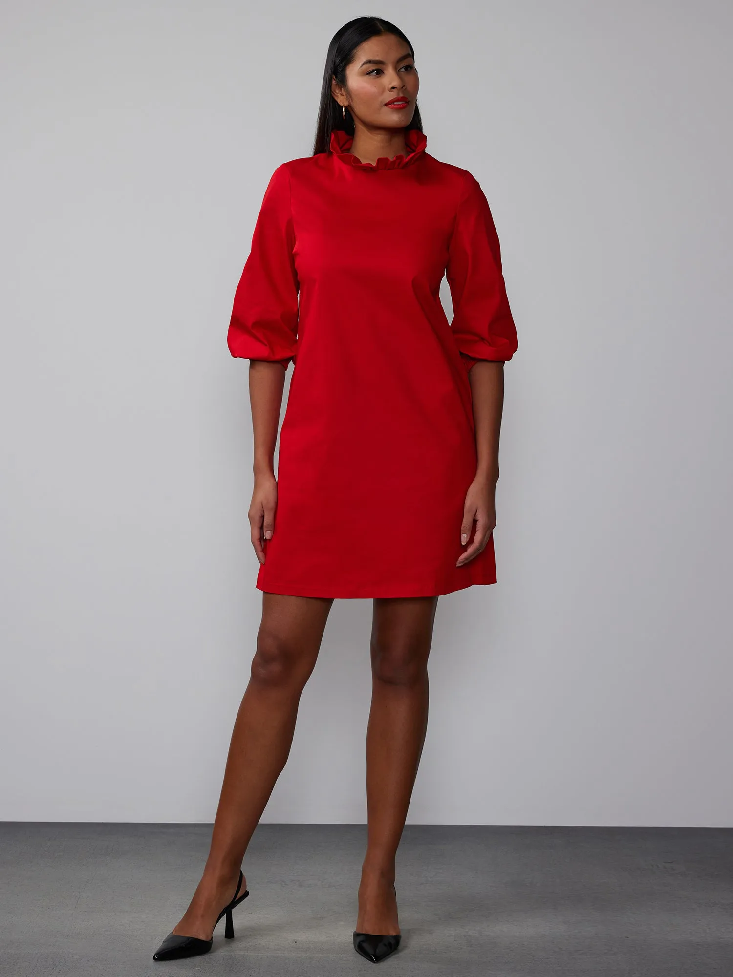 Everyday Ruffle Neck Bow Back Mini Shift Dress