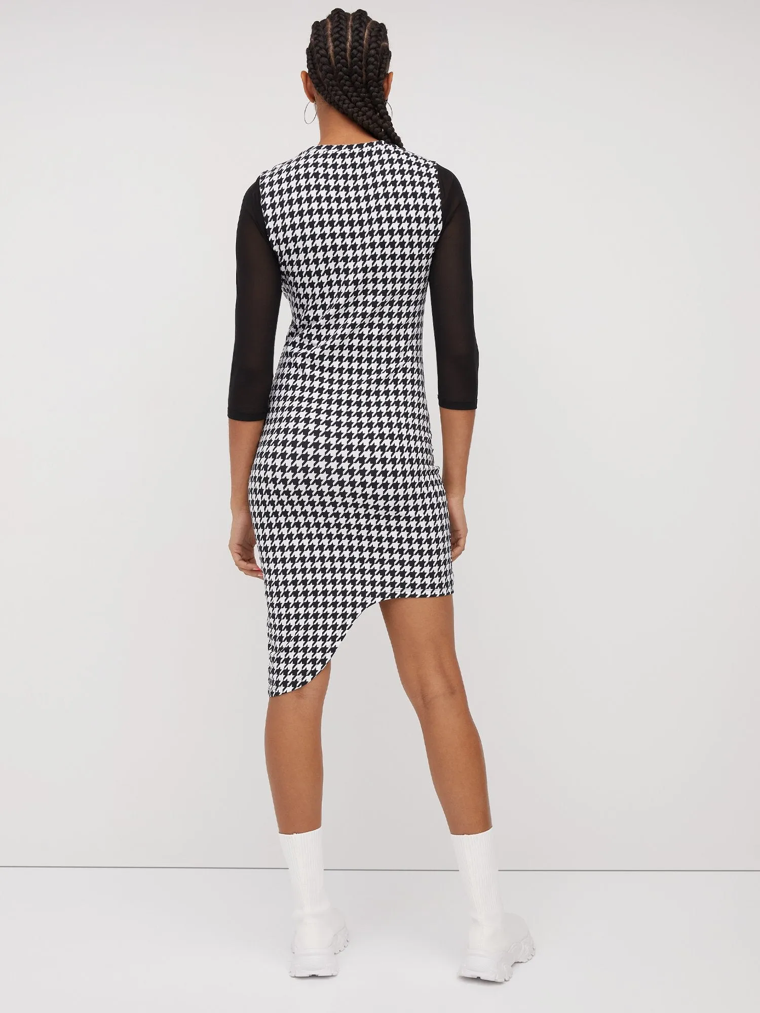 Houndstooth Asymmetric-Hem Shift Dress