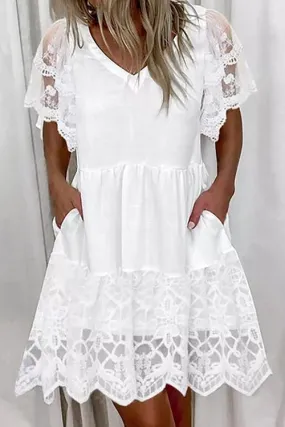 Lace V Neck Pockets Mini Dress