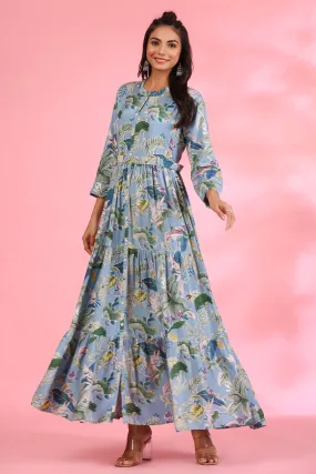 Light Blue Amber On Silk Maxi Dress