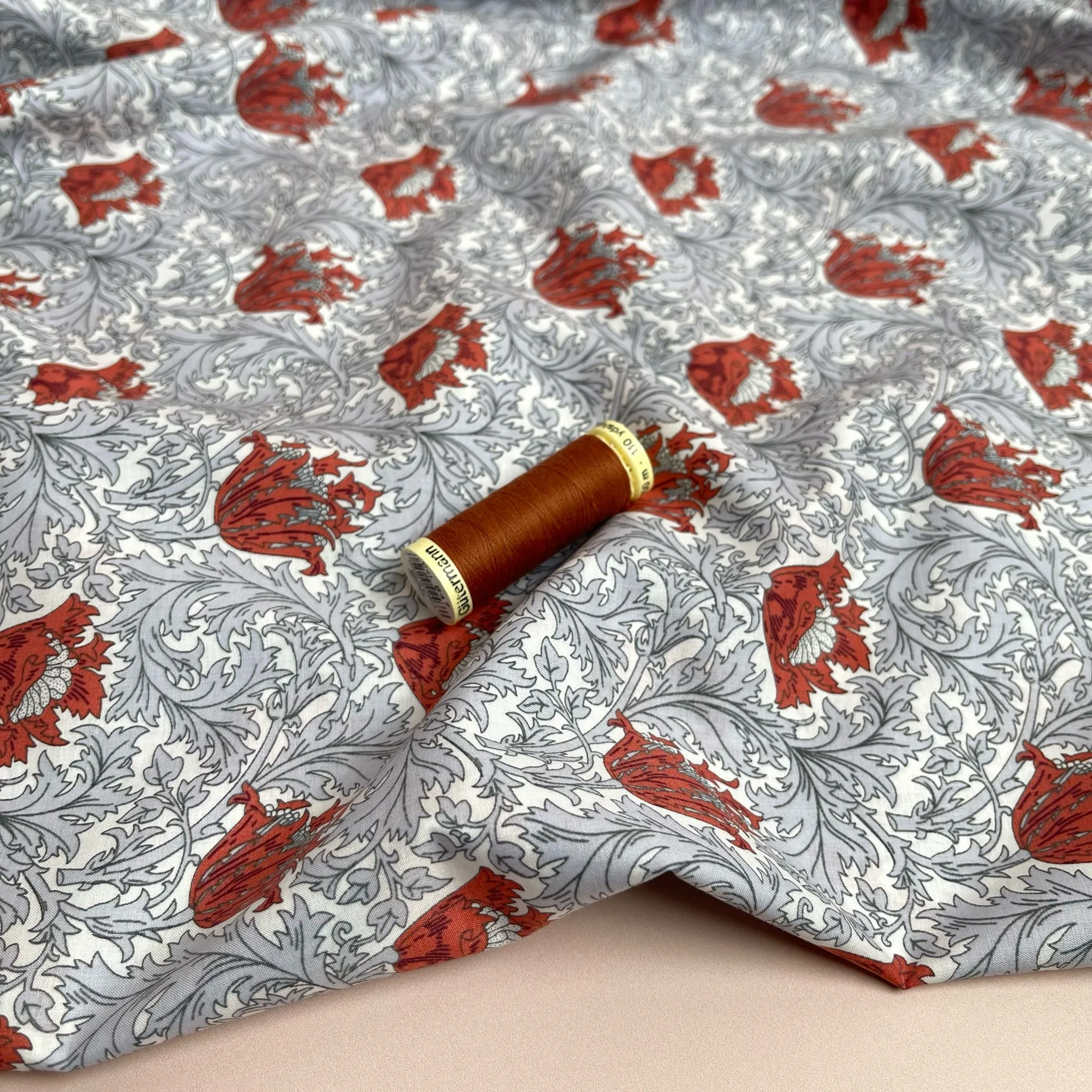 Morris Leaves Grey Cotton Lawn Fabric