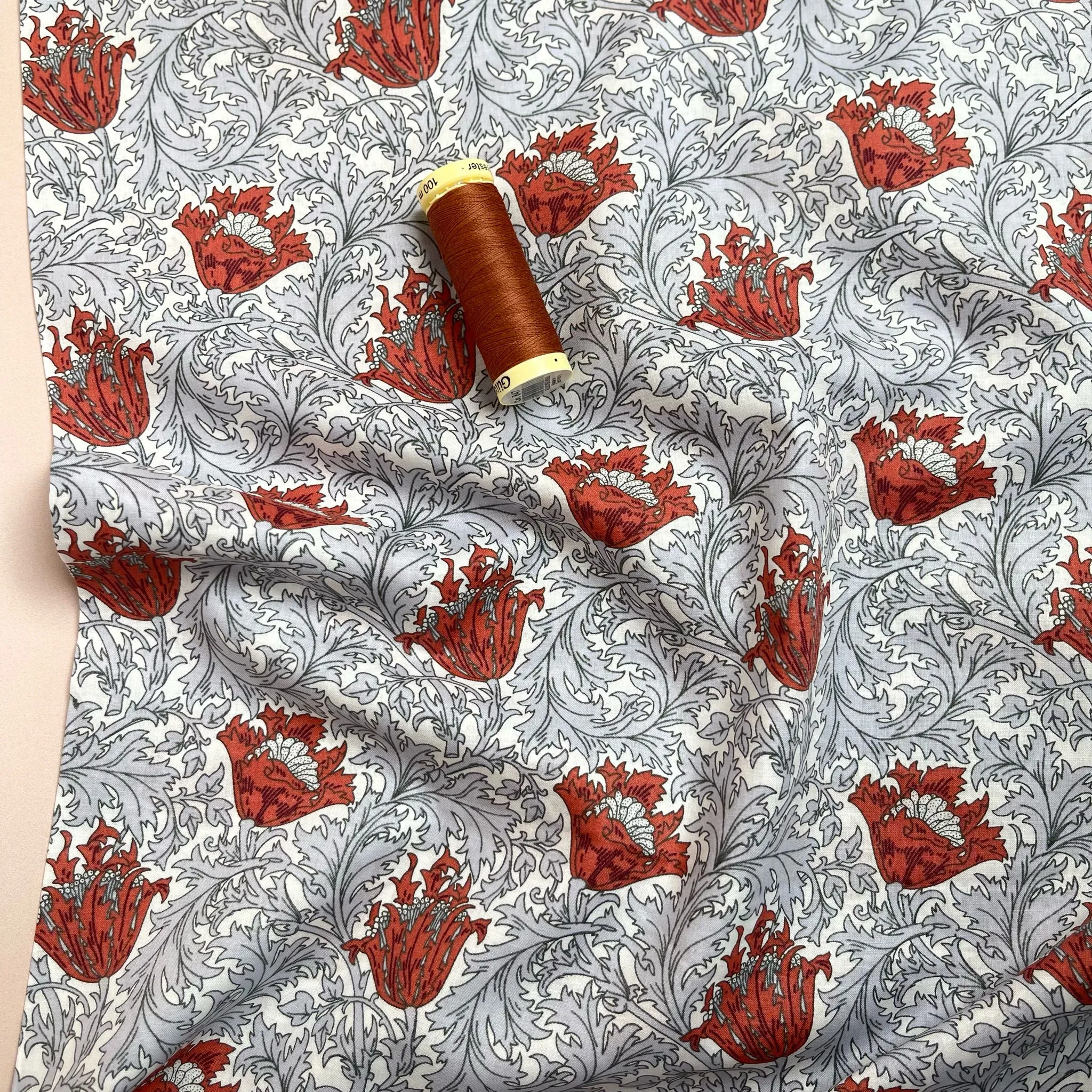 Morris Leaves Grey Cotton Lawn Fabric