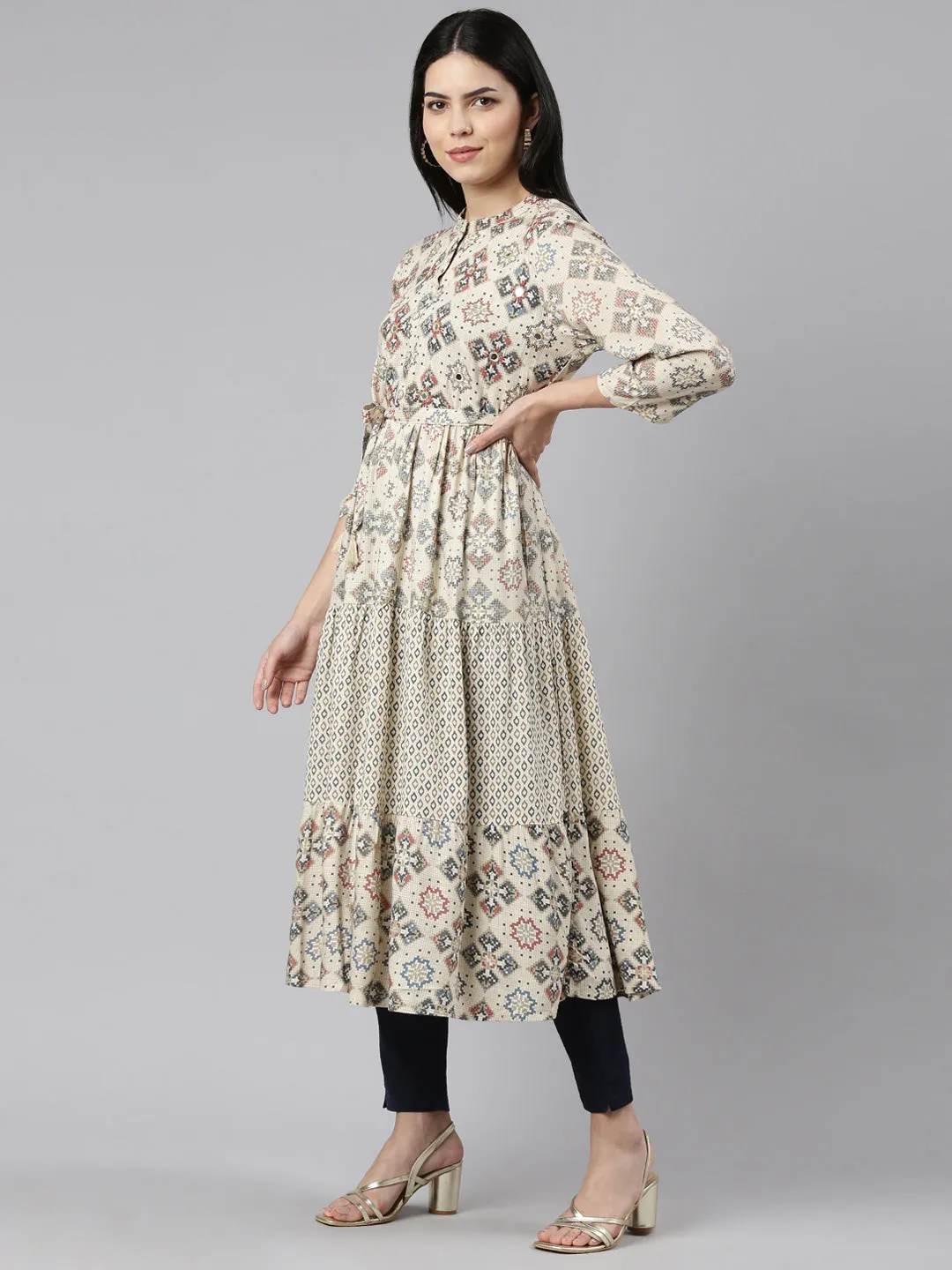 Neeru's Cream Straight Casual Printed Maxi Dresses