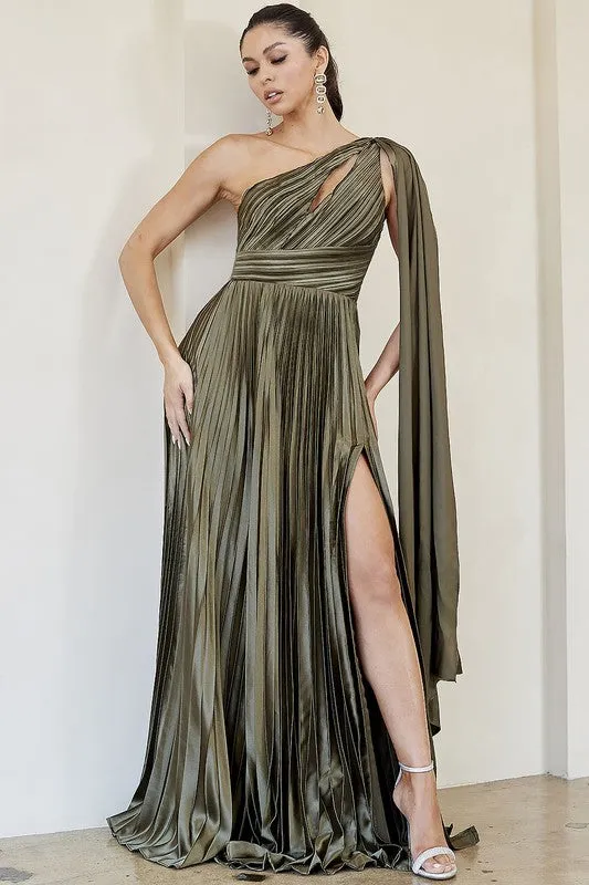 Olive One Shoulder Peek-A-Boo Cutout Pleated Maxi Dress