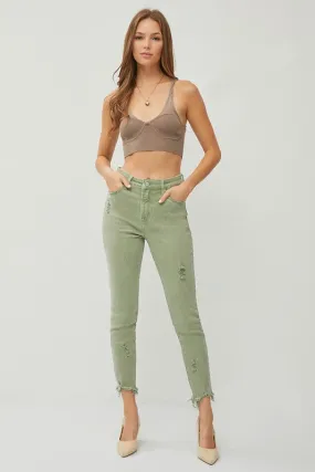 Risen High Rise Fray Hem Ankle Skinny Pants in Olive