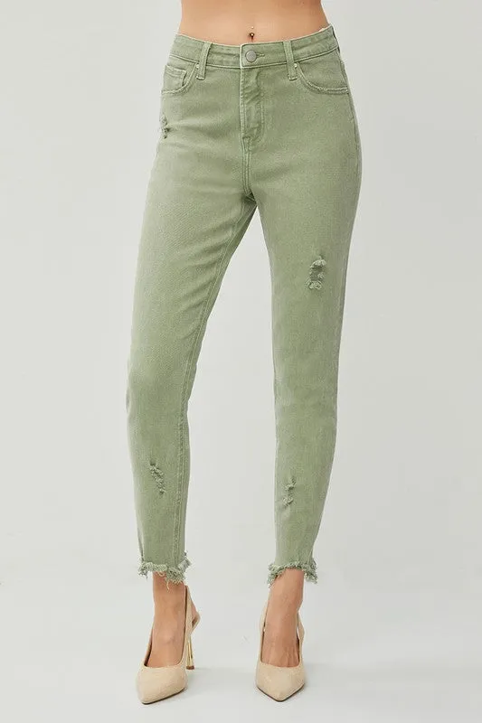 Risen High Rise Fray Hem Ankle Skinny Pants in Olive