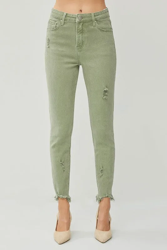 Risen High Rise Fray Hem Ankle Skinny Pants in Olive