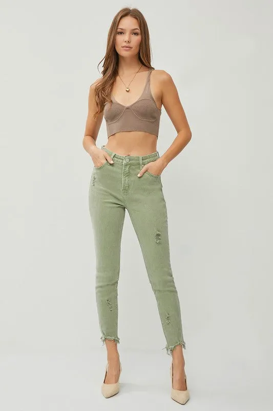 Risen High Rise Fray Hem Ankle Skinny Pants in Olive