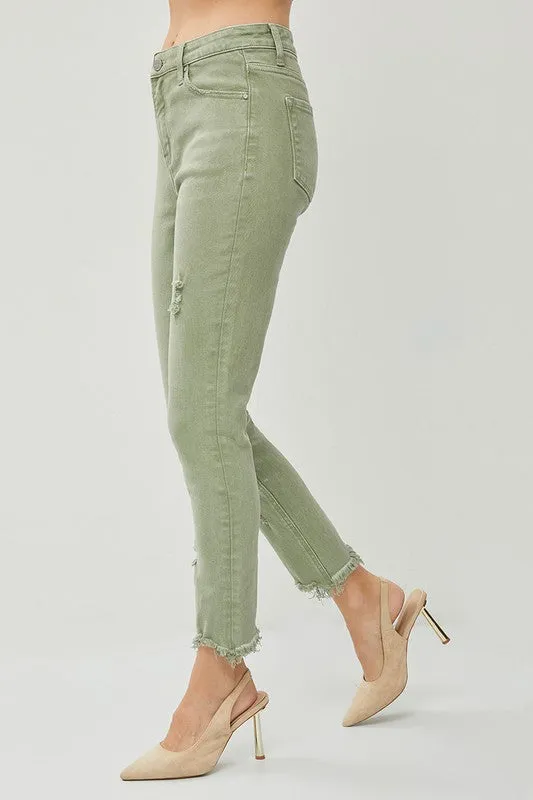 Risen High Rise Fray Hem Ankle Skinny Pants in Olive